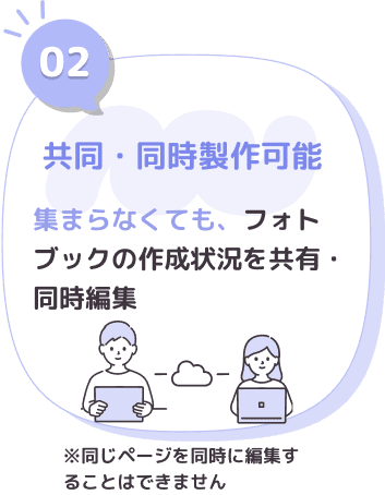 共同・同時制作可能。集まらなくてもフォトブックの作成状況を共有・同時編集。※同じページを同時に編集することはできません。